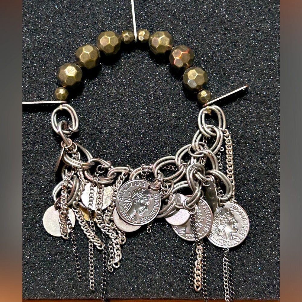 Boho Grey SilverTone France French Coin 1808 Hoop Chain Dangle Bracelet …